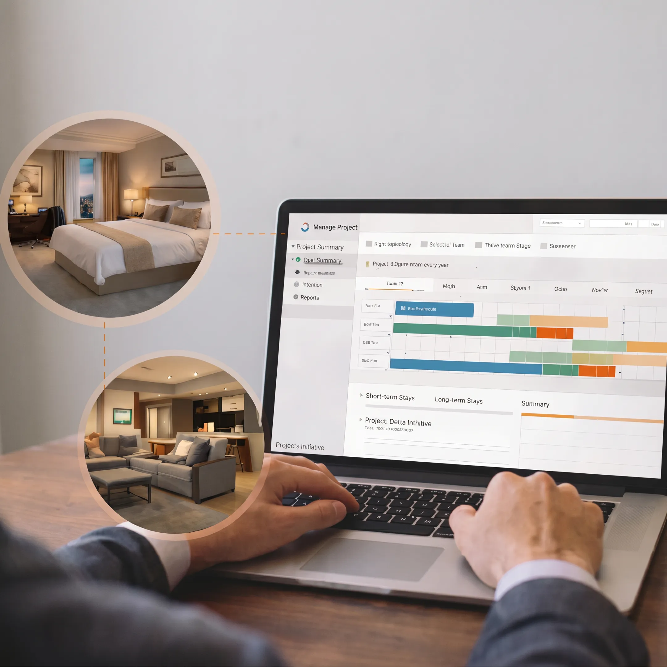 Corporate team members reviewing extended-stay housing options on a laptop
