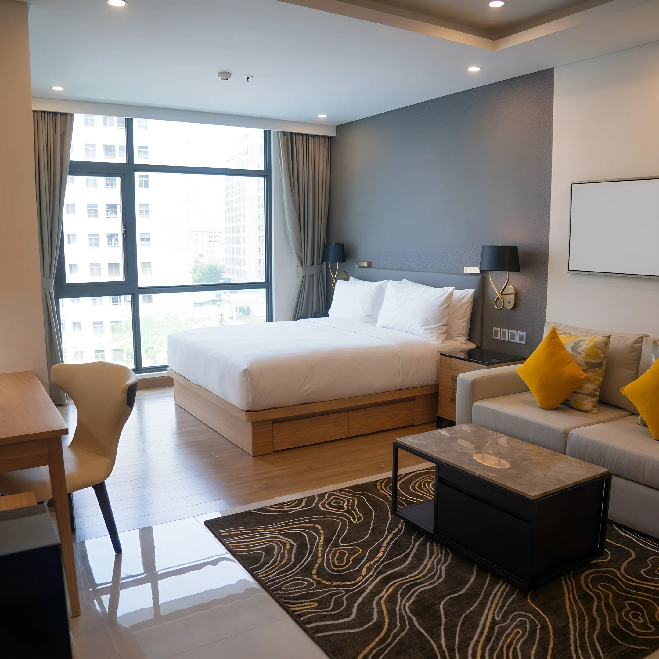 Professionally furnished corporate apartment living area for an extended-stay traveler