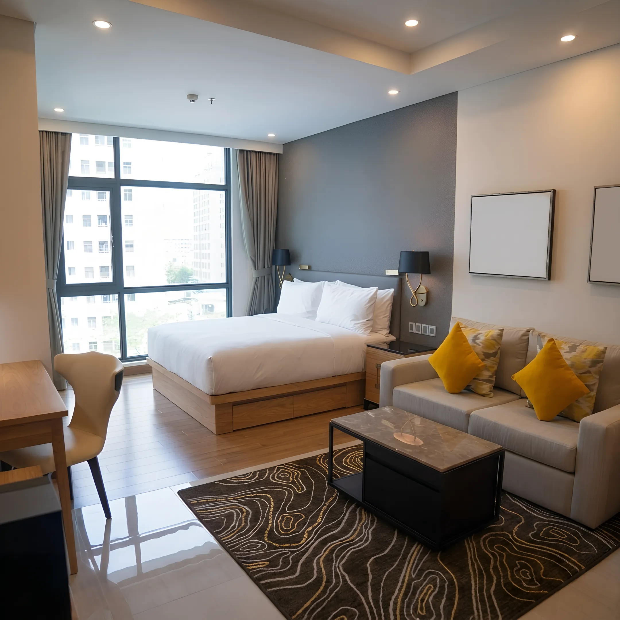 Furnished corporate housing interior prepared for an extended business stay