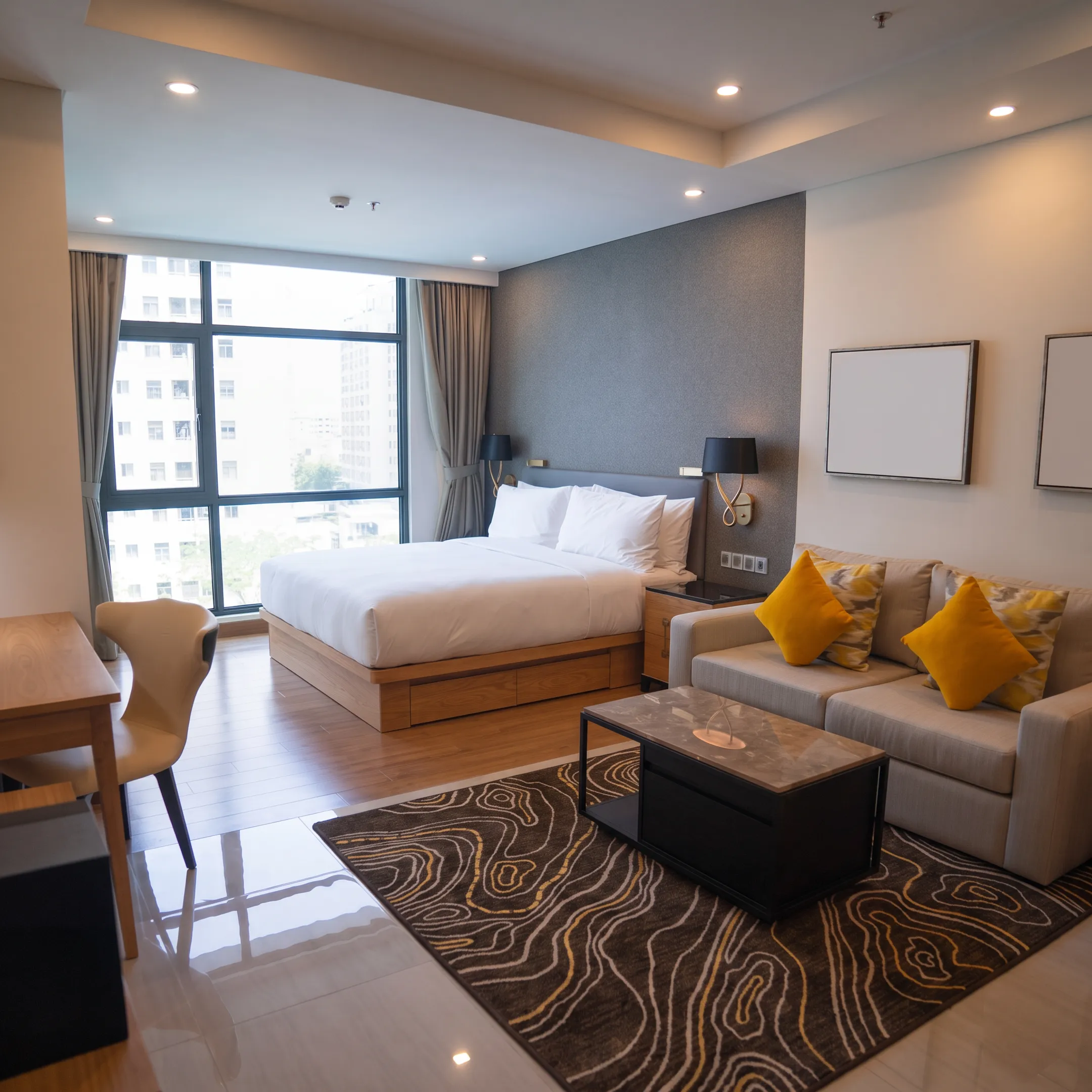 Furnished corporate apartment living room prepared for a business traveler in Spokane