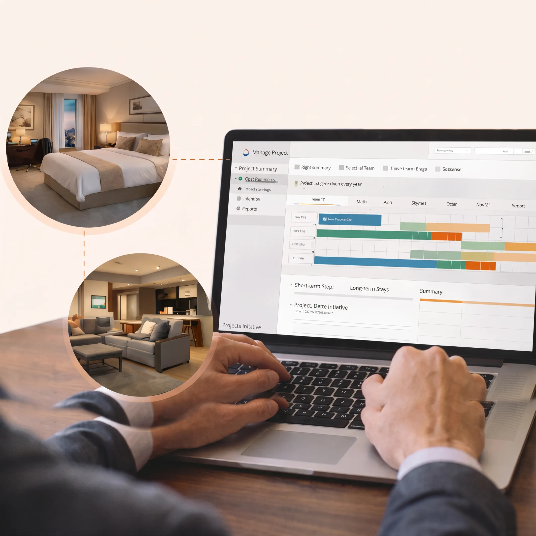 Corporate traveler working comfortably inside a furnished extended-stay apartment