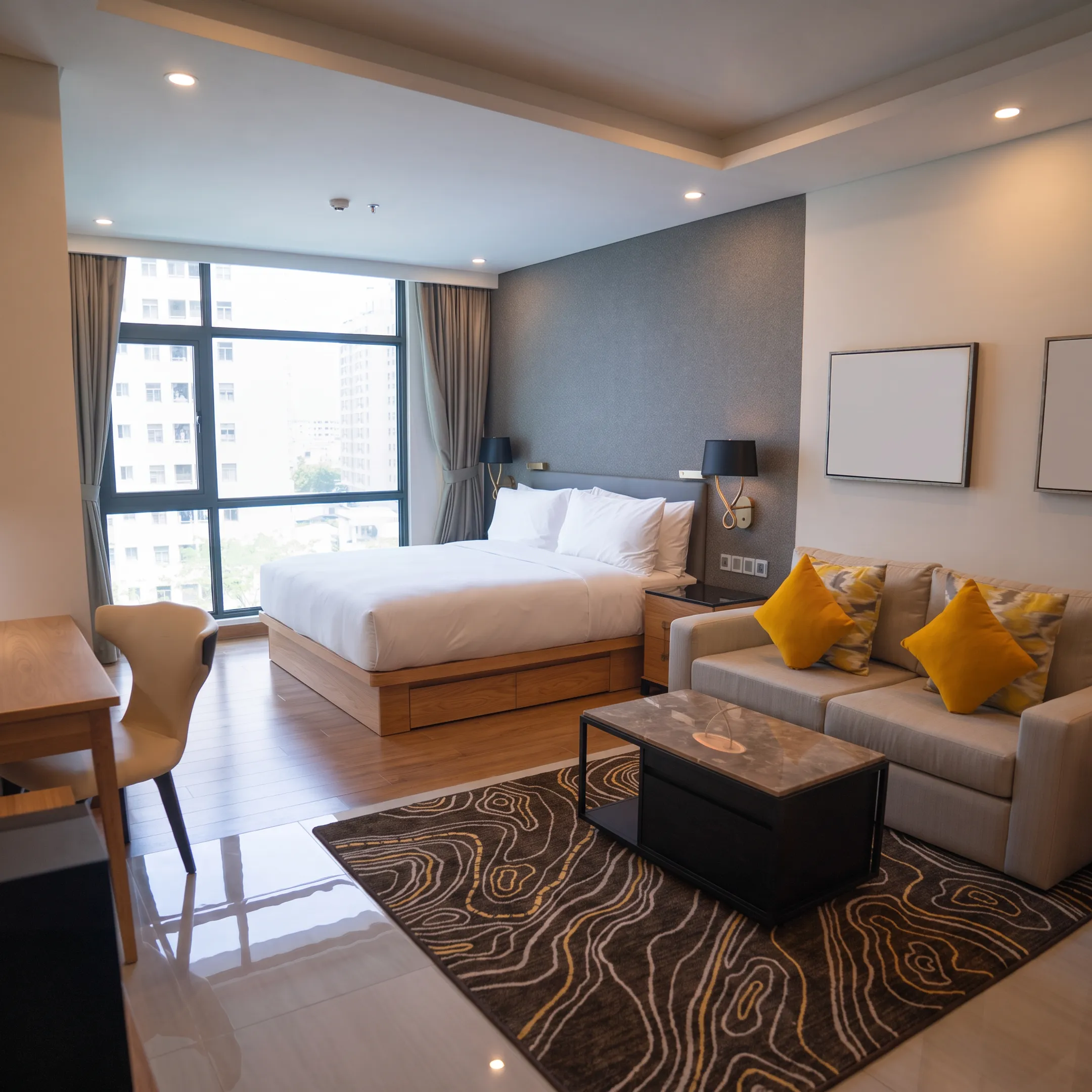 Furnished extended-stay apartment with comfortable living and work areas