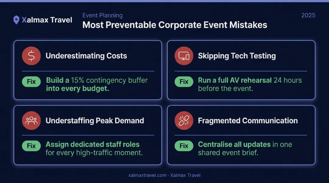 Four preventable corporate event logistics mistakes with solutions comparison infographic