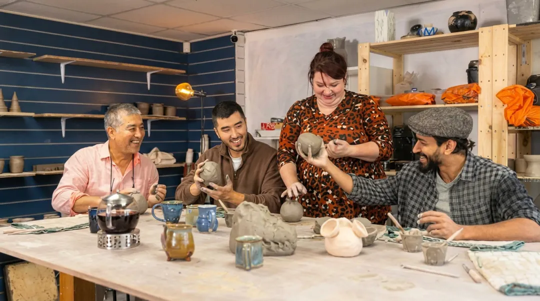 Corporate team participating in hands-on pottery or ceramics workshop together