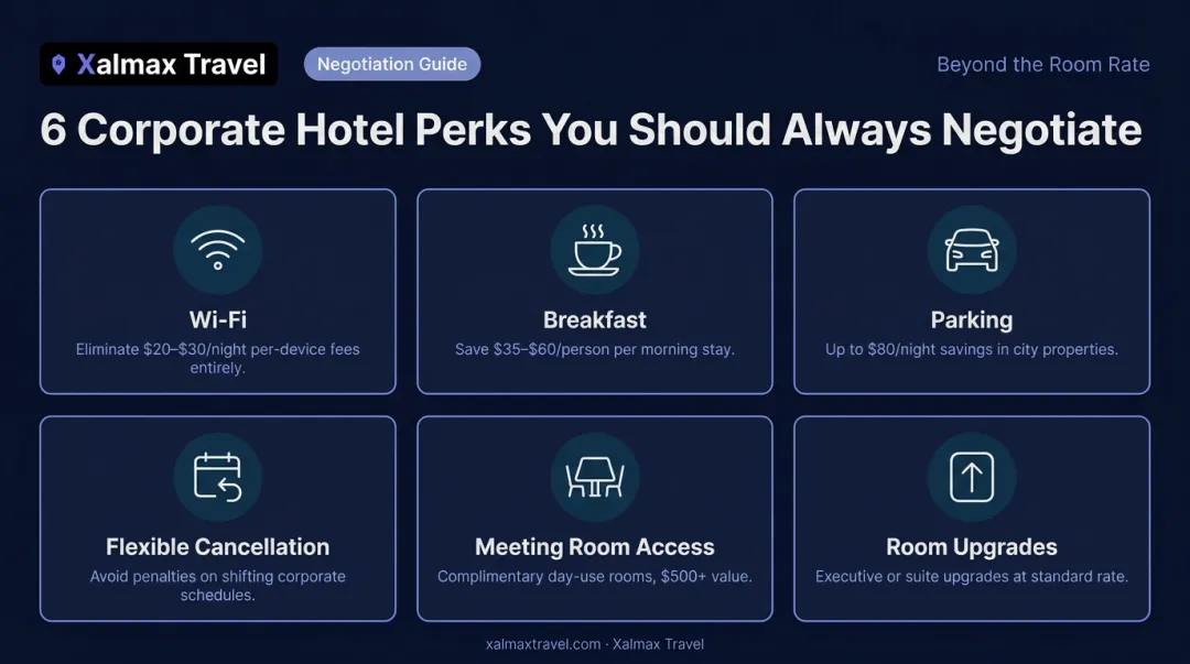 Six key corporate hotel negotiation perks beyond nightly room rate infographic