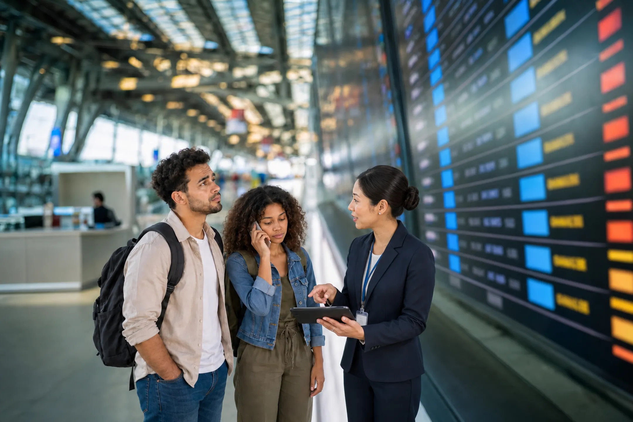 Business travelers receiving airport assistance during unexpected travel disruption