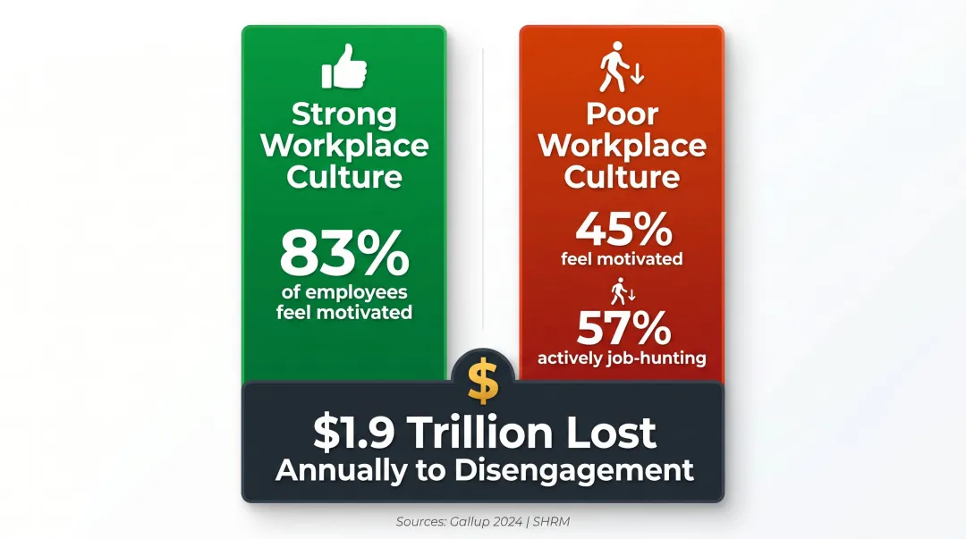 Employee engagement statistics comparing strong versus poor workplace culture outcomes