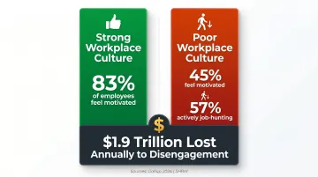 Employee engagement statistics comparing strong versus poor workplace culture outcomes