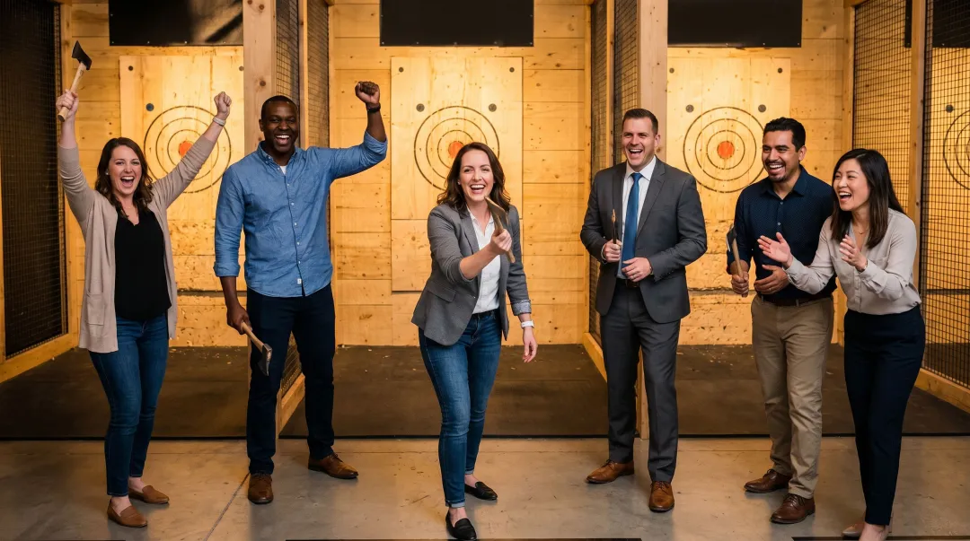 Corporate team participating in competitive axe throwing event at indoor venue