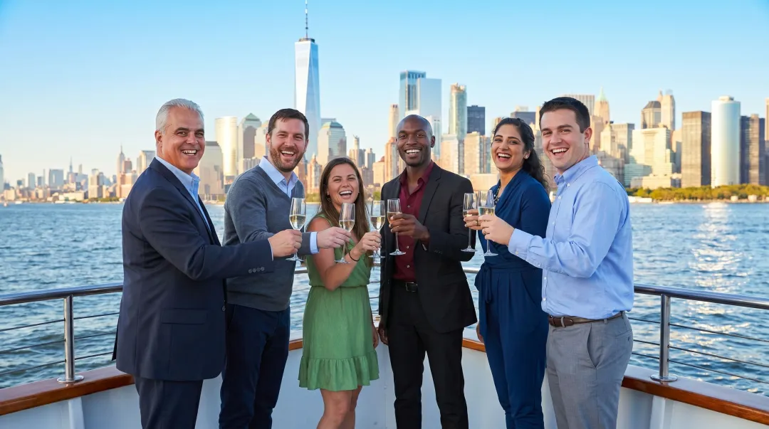 Corporate group enjoying private NYC harbor cruise with Manhattan skyline backdrop