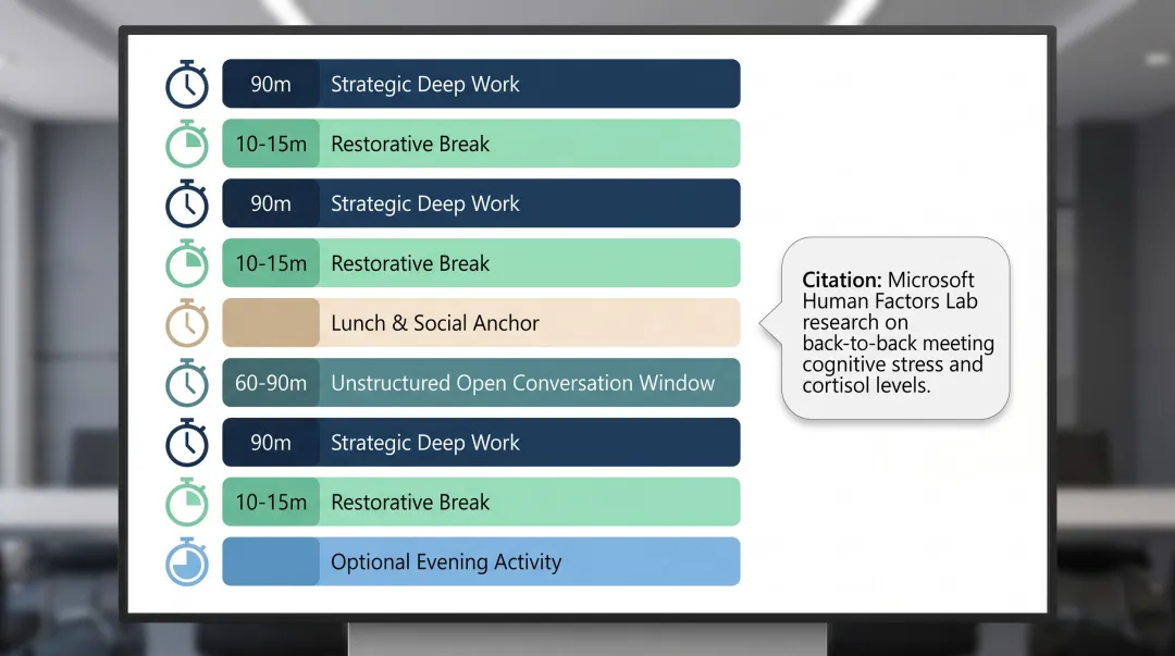 Executive retreat daily agenda framework with session blocks and mandatory break intervals