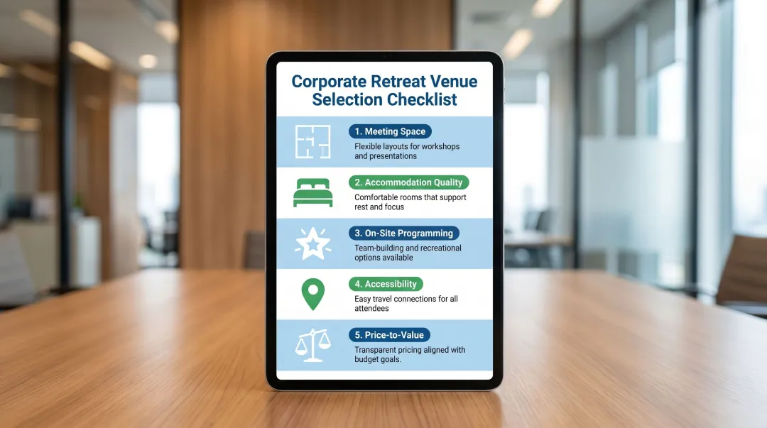 Five criteria for evaluating corporate retreat venues selection checklist infographic