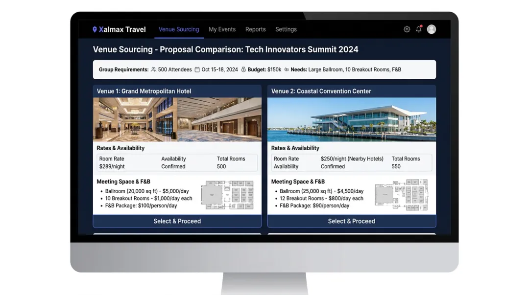 Xalmax Travel venue sourcing proposal comparison showing hotel options and rates