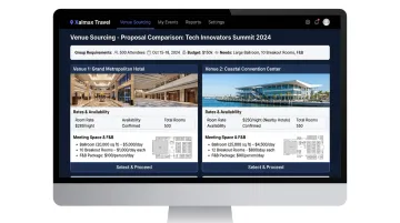 Xalmax Travel venue sourcing proposal comparison showing hotel options and rates