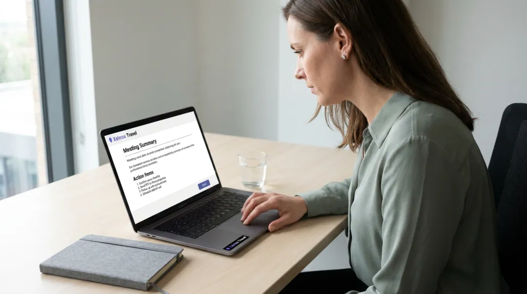 Team leader sending structured post-offsite follow-up summary email on laptop