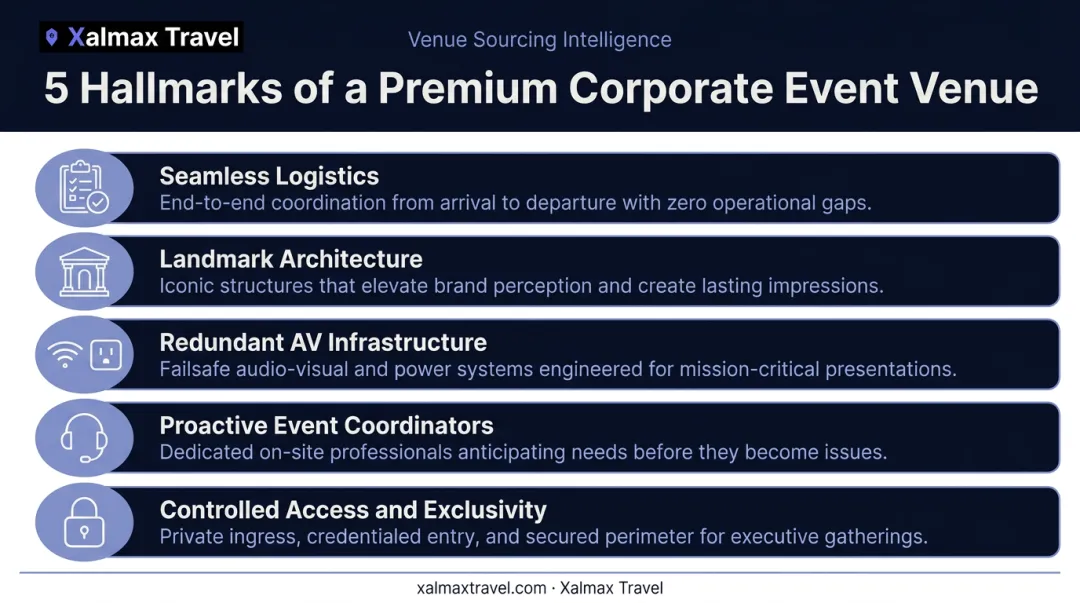 Five hallmarks of premium corporate event venues visual checklist infographic