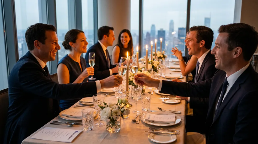 Corporate high performers connecting and celebrating at luxury incentive travel group dinner