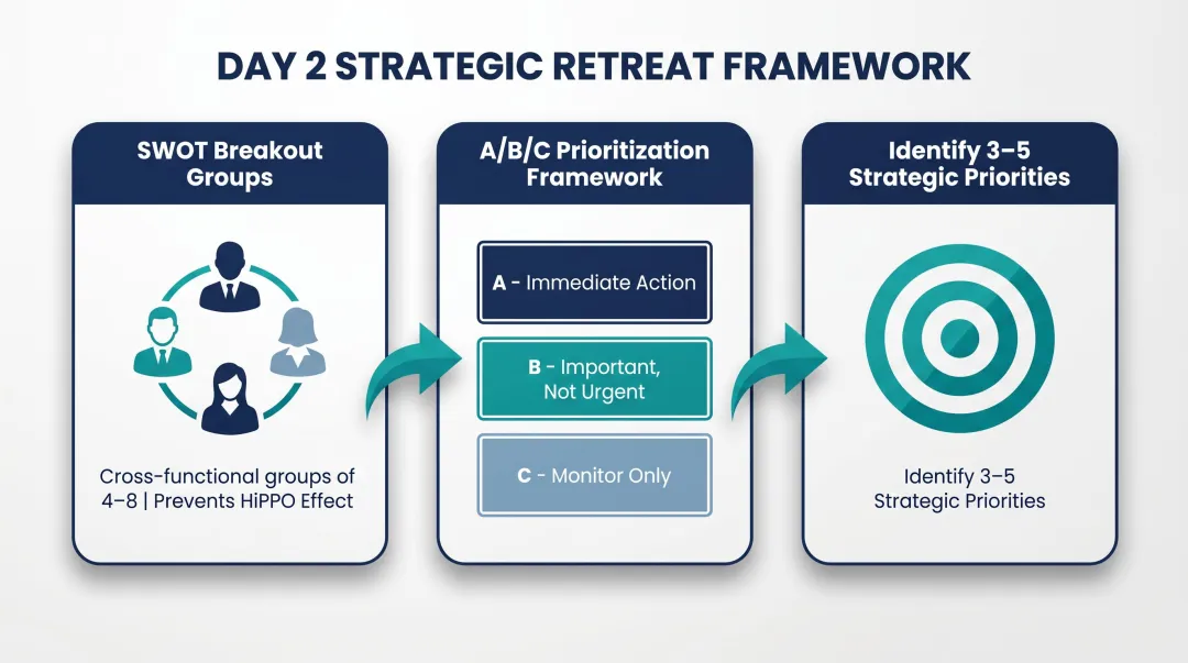 Three-step Day 2 strategic retreat decision-making framework with SWOT and prioritization