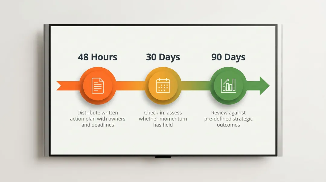 three-step post-retreat follow-through process at 48 hours 30 days and 90 days