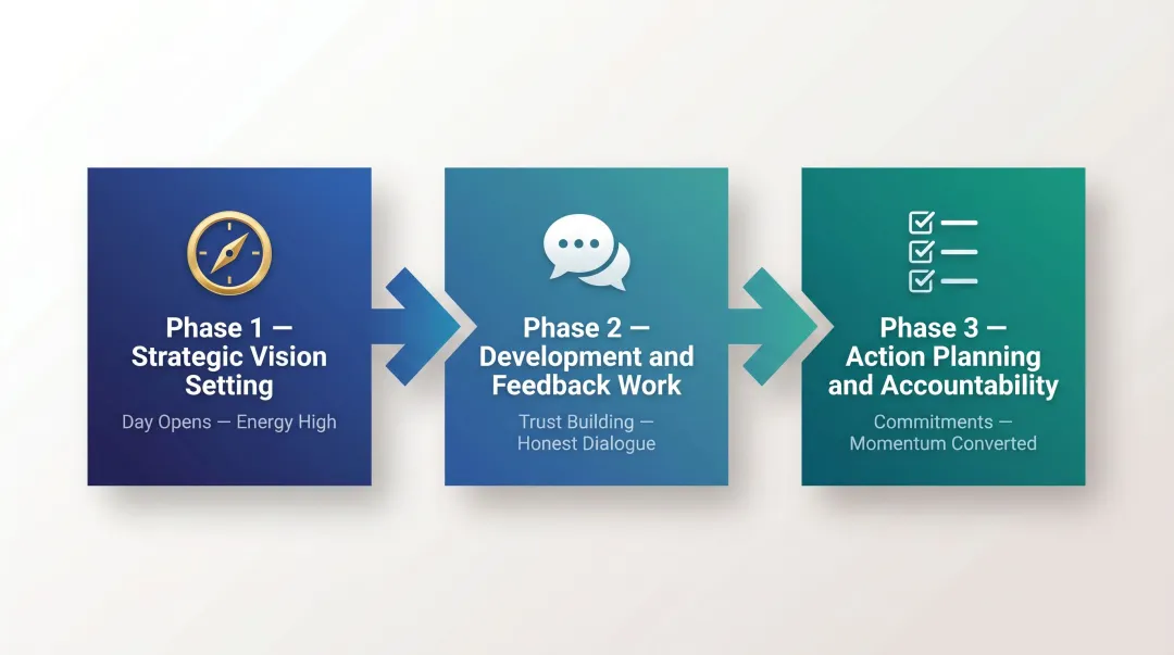 three-phase executive retreat agenda sequence from vision setting to action planning