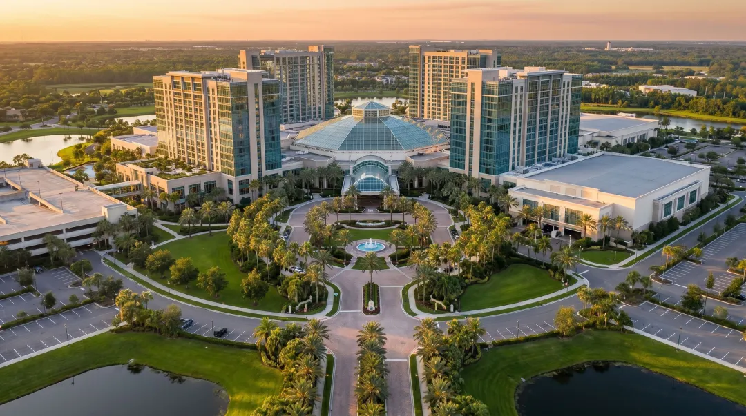 Full-service convention resort aerial view showing meeting facilities golf course and amenities