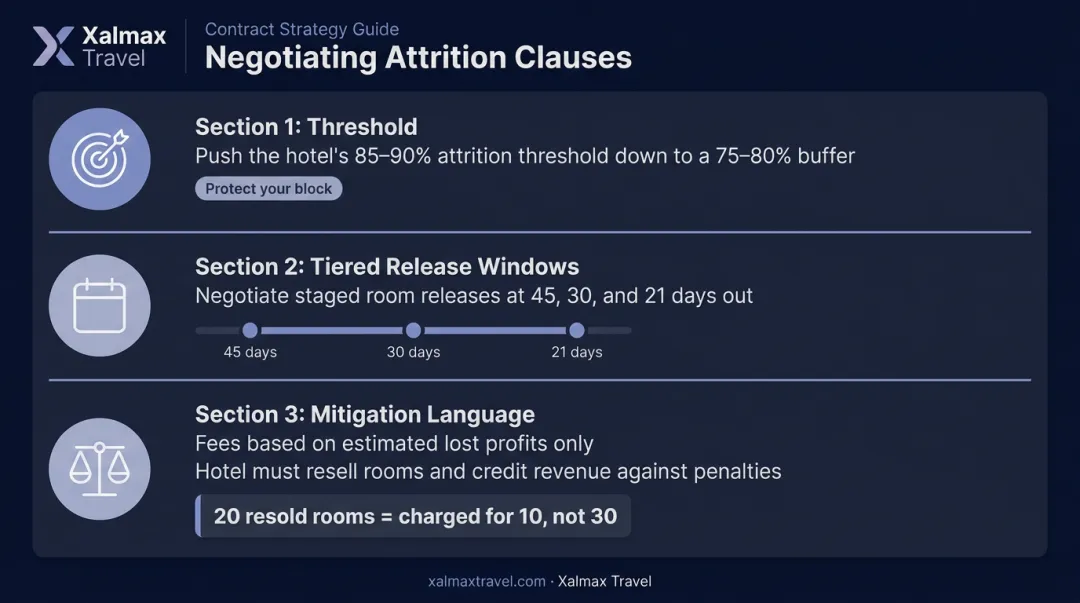 Hotel attrition clause negotiation steps showing thresholds release windows and mitigation language