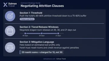 Hotel attrition clause negotiation steps showing thresholds release windows and mitigation language