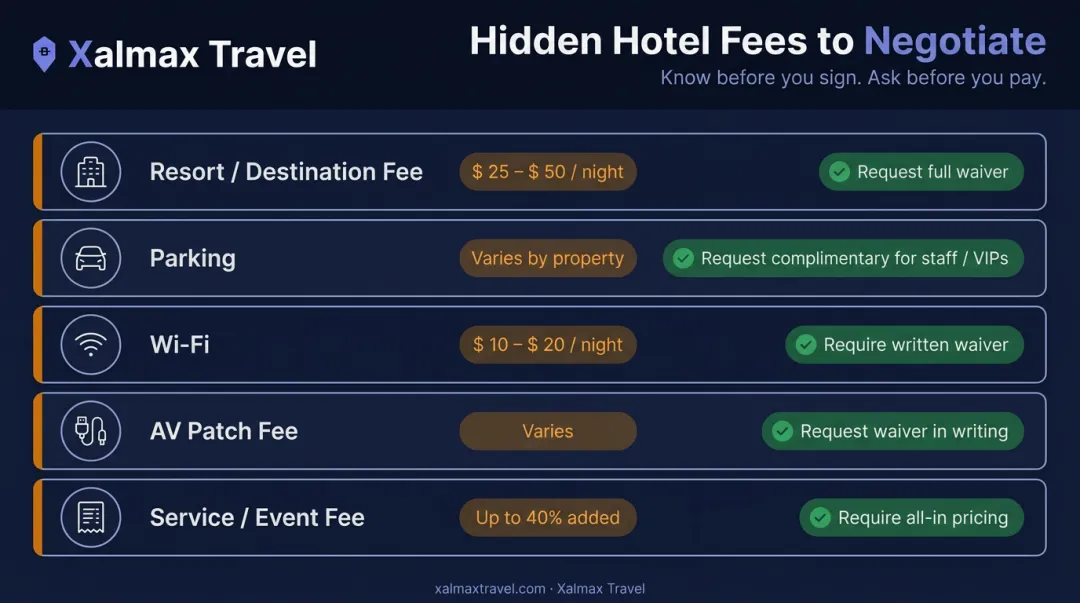 Hotel hidden fees checklist showing resort fees parking Wi-Fi and service charges
