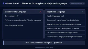 Force majeure clause negotiation triggers including travel advisories and health emergencies