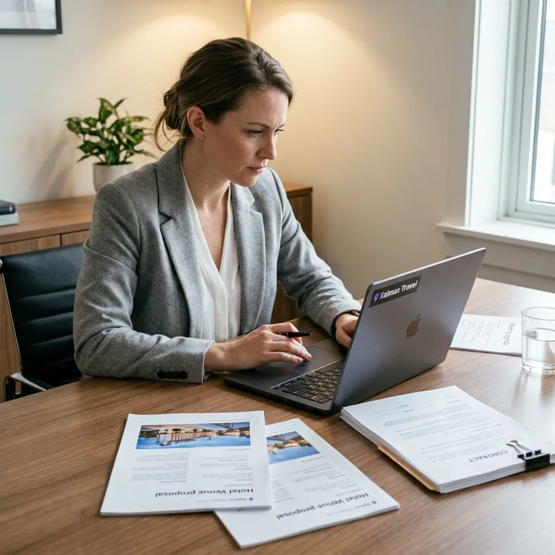 Corporate travel planner reviewing venue proposals