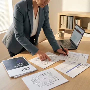 Corporate event planner reviewing venue proposals