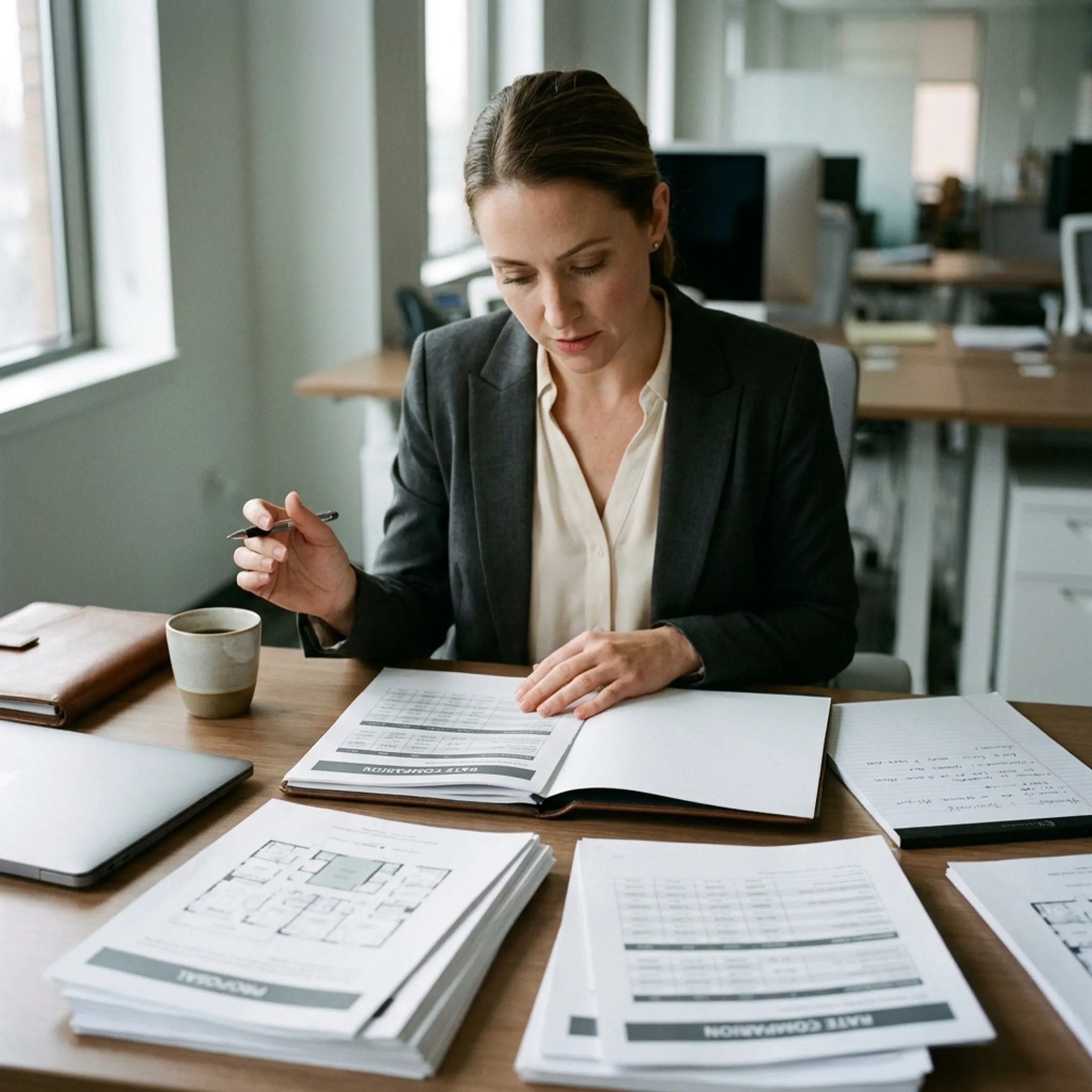 Corporate planner comparing event venue proposals