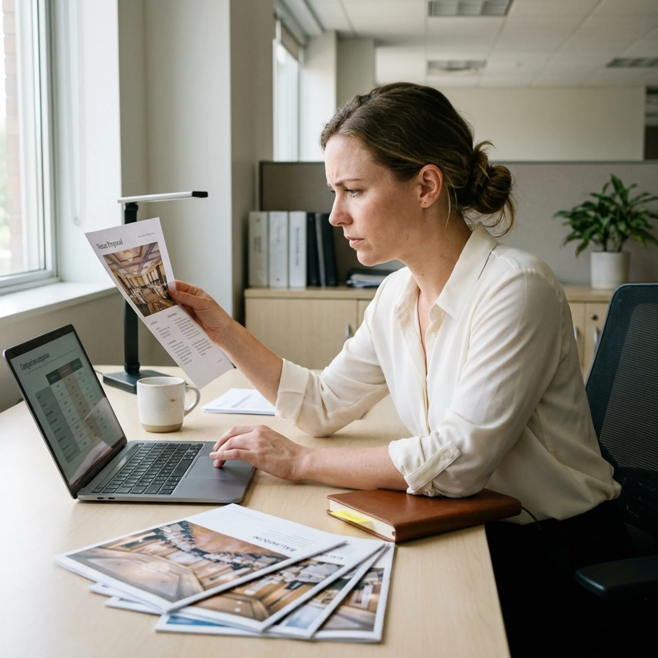 Planner reviewing corporate conference venue proposals