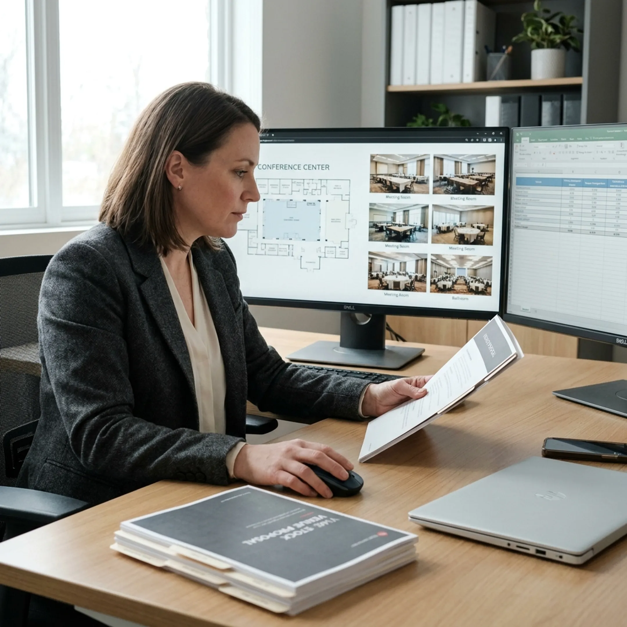 Planner reviewing corporate conference venue proposals