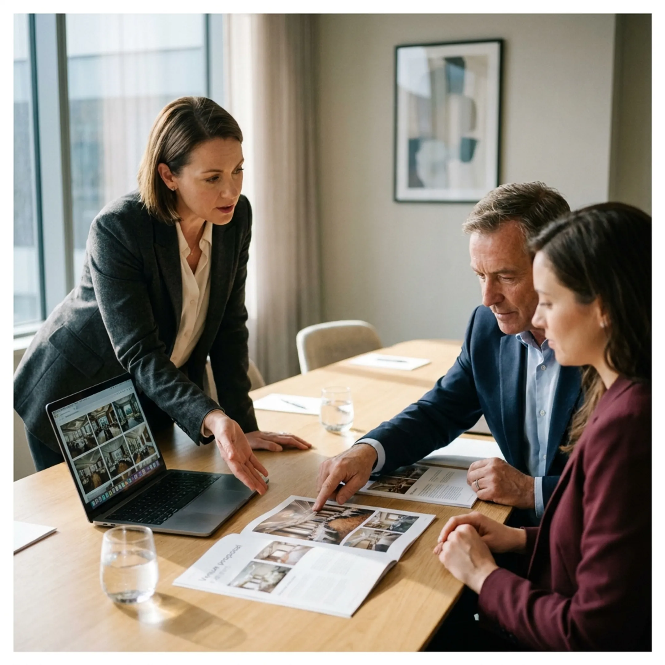 Planner reviewing conference venue options with a corporate client