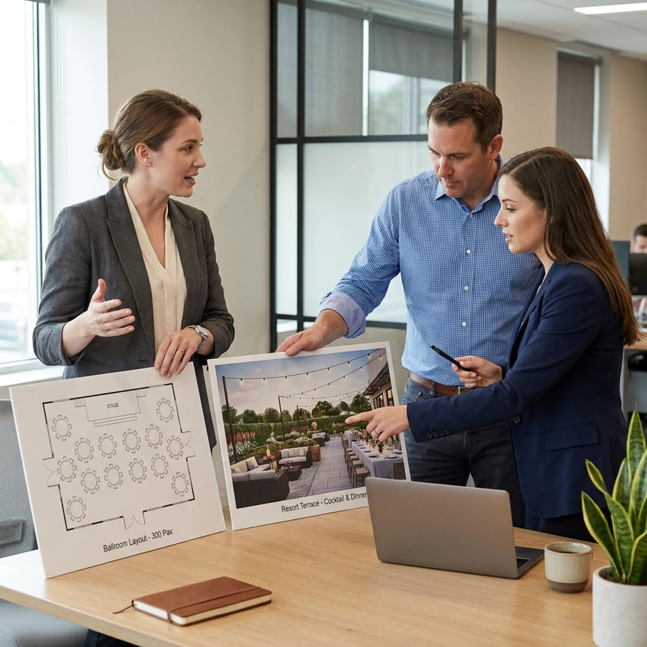 Planner presenting corporate event venue options to business clients