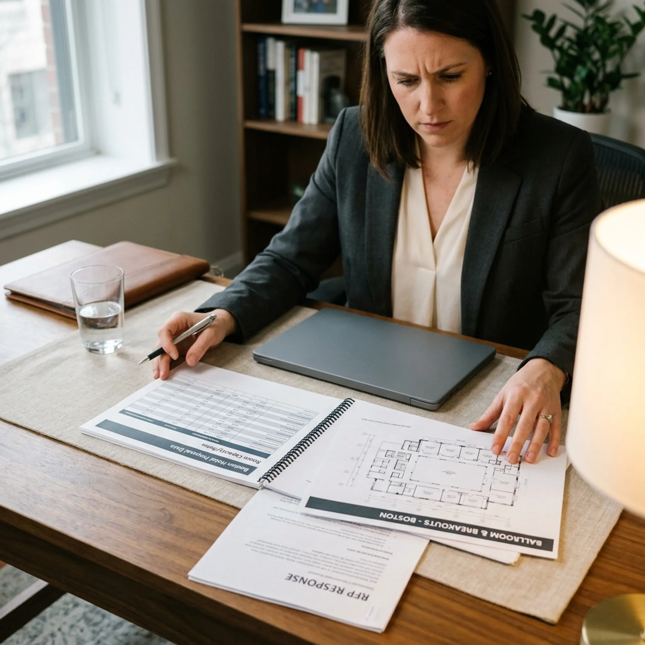 Planner comparing Boston hotel meeting room proposals