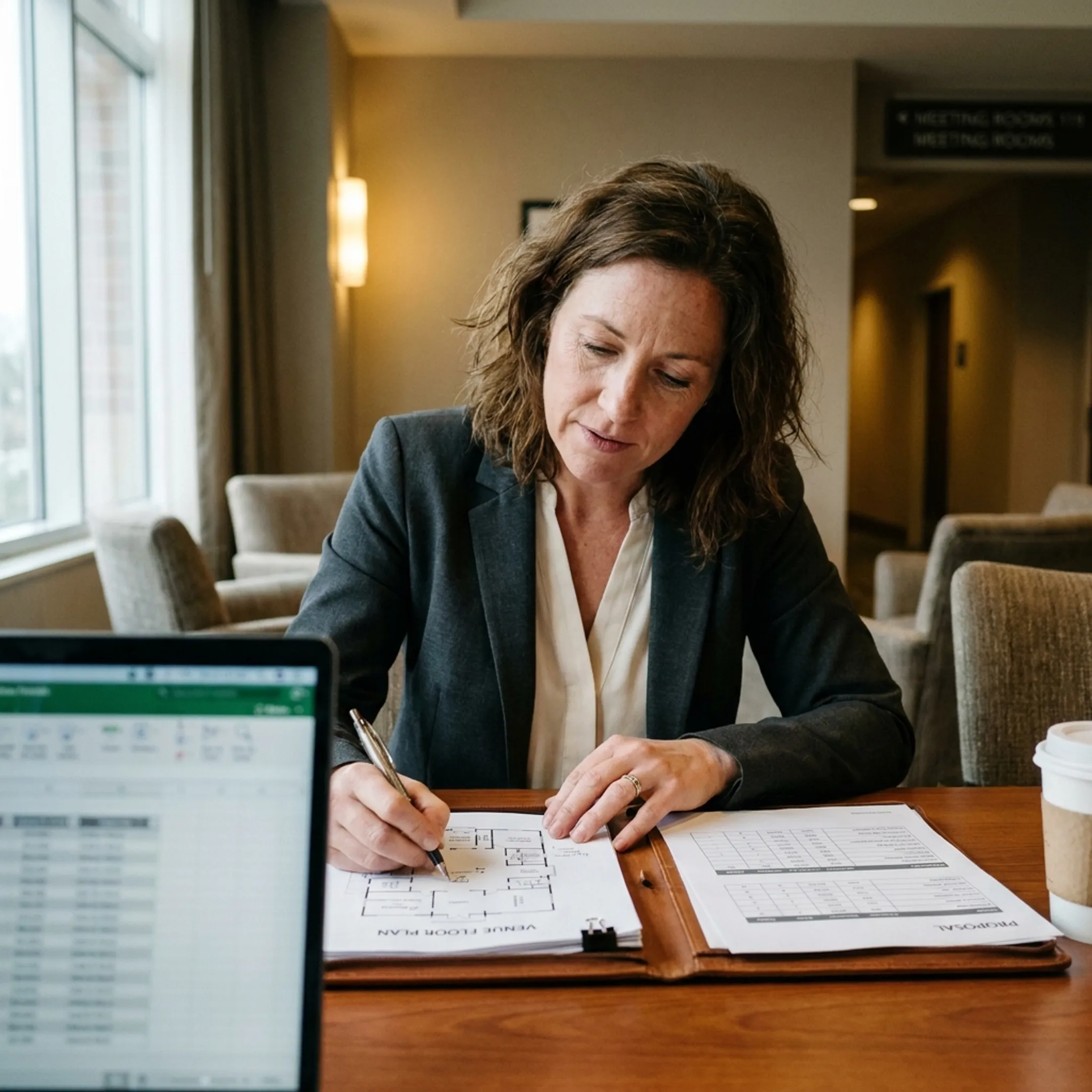 Planner reviewing corporate venue proposals beside a hotel meeting room