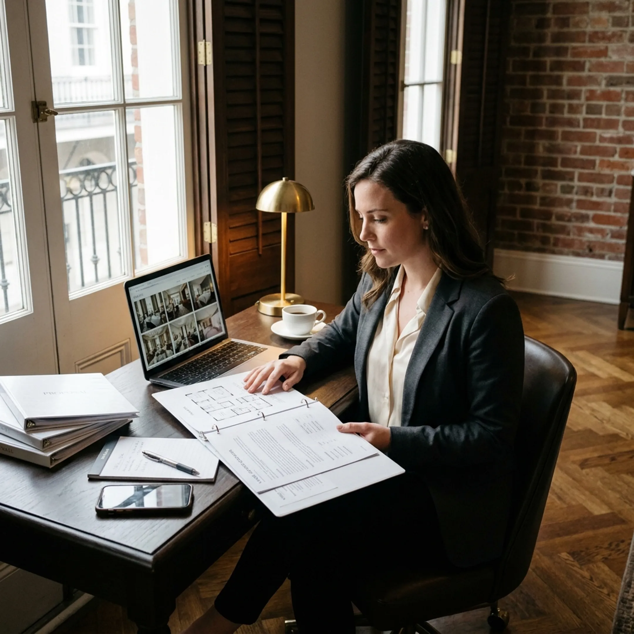 Planner reviewing corporate venue proposal documents in New Orleans