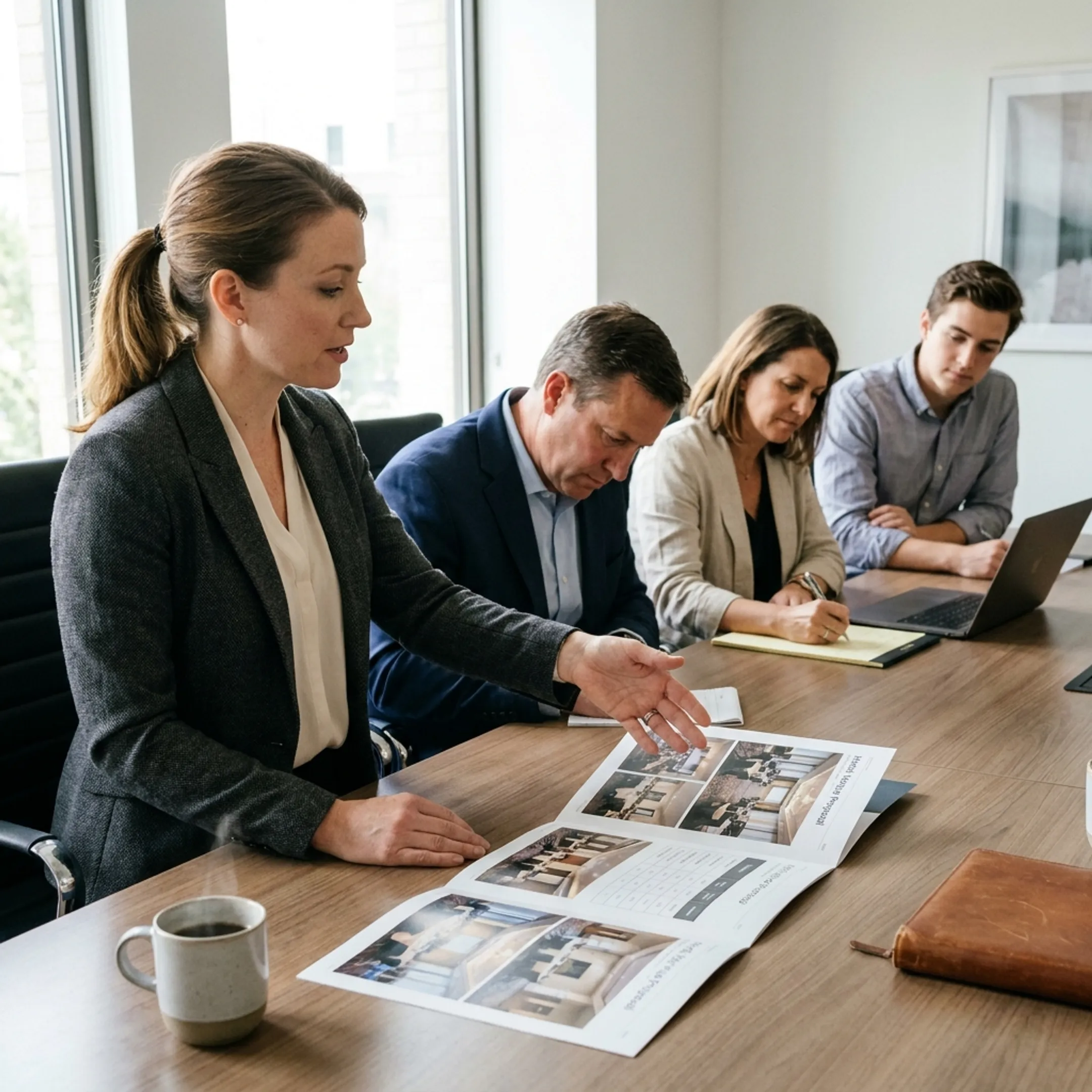 Planner presenting corporate venue options to a business team