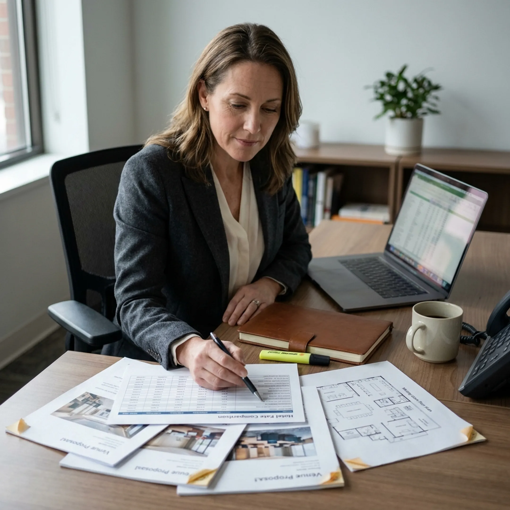 Event planner examining corporate venue proposals and meeting space details