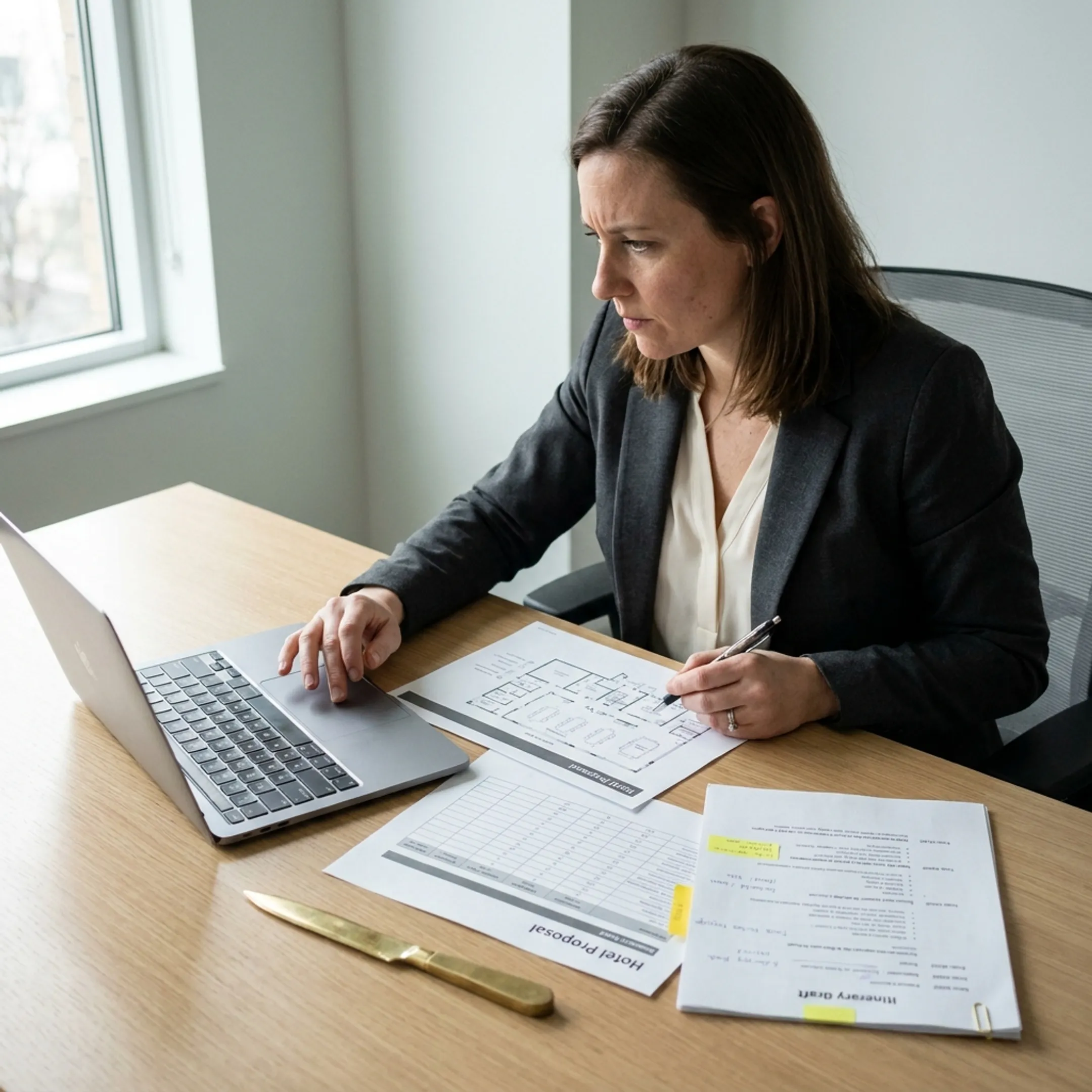 Planner reviewing corporate event venue options and logistics on a laptop