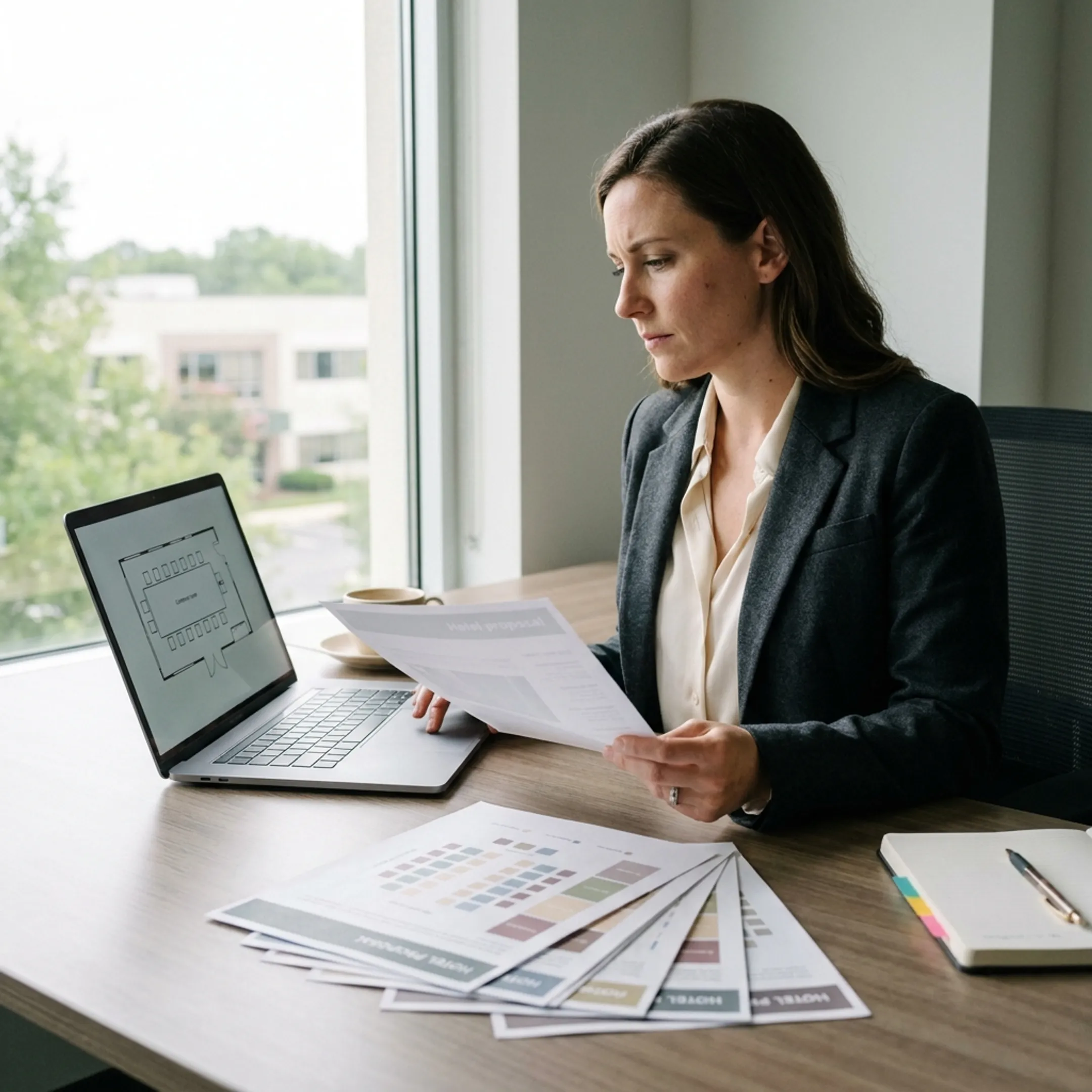 Planner reviewing conference hotel proposals for a business meeting