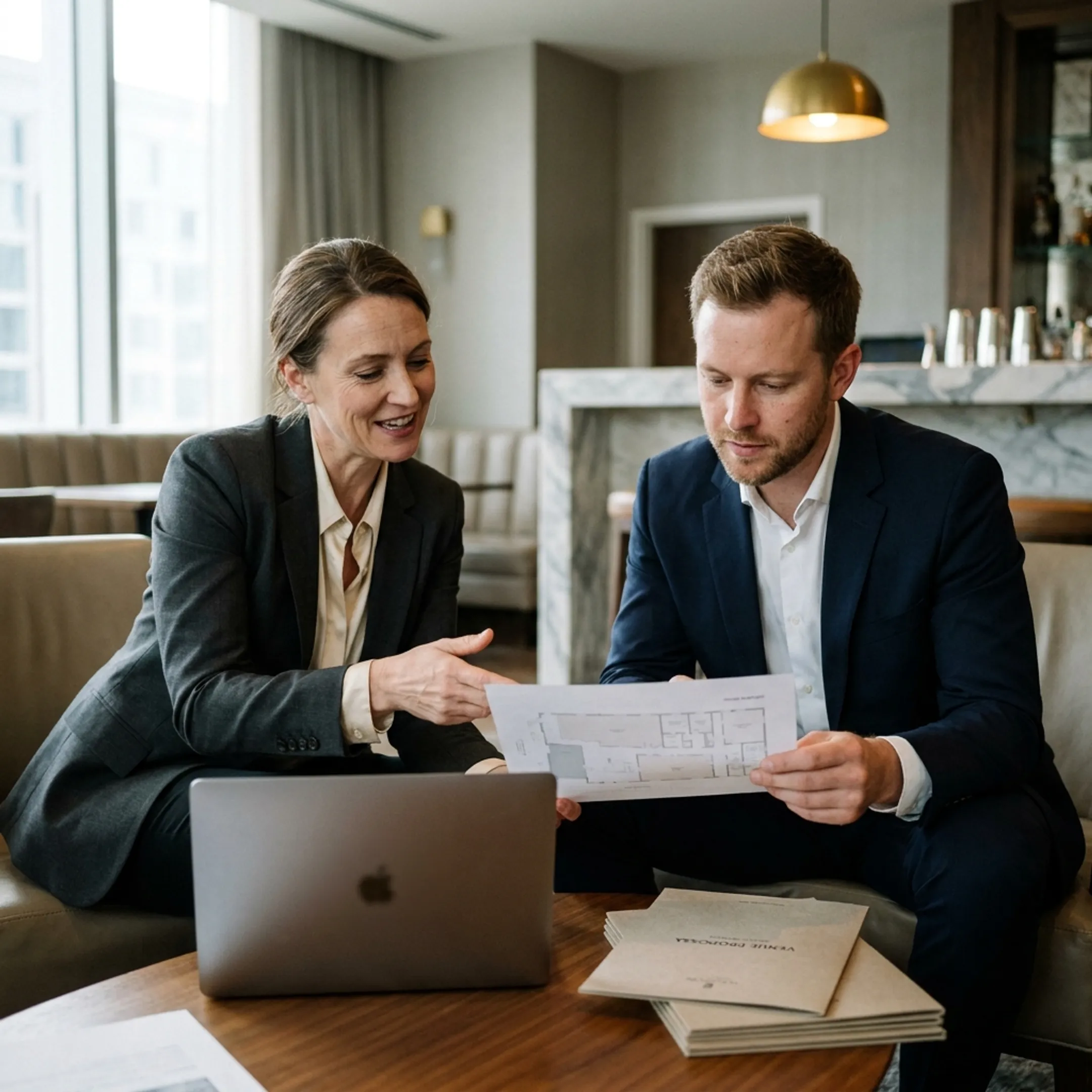 Event planner reviewing luxury corporate venue options with a client at a polished meeting table