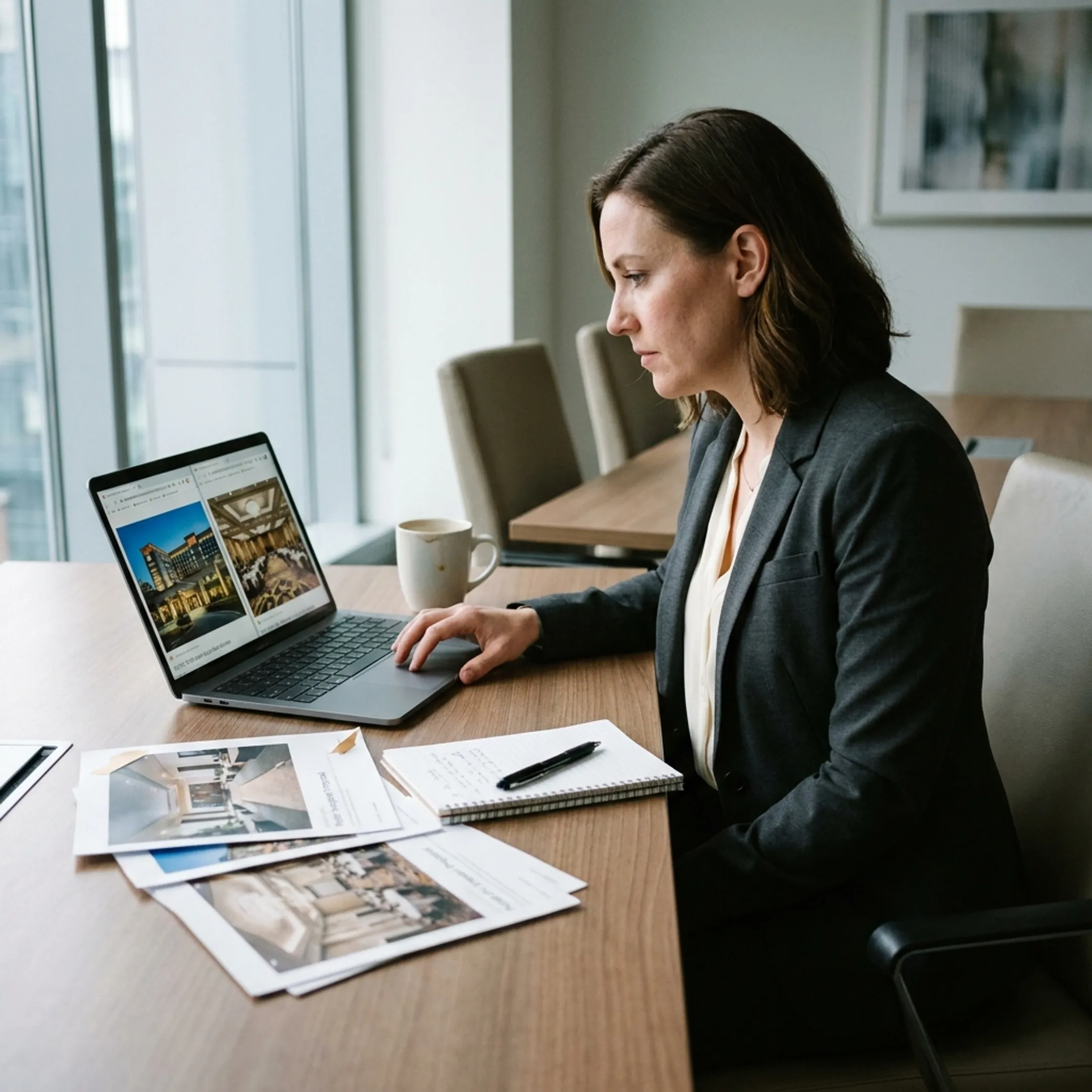 Planner comparing corporate event venues on a laptop