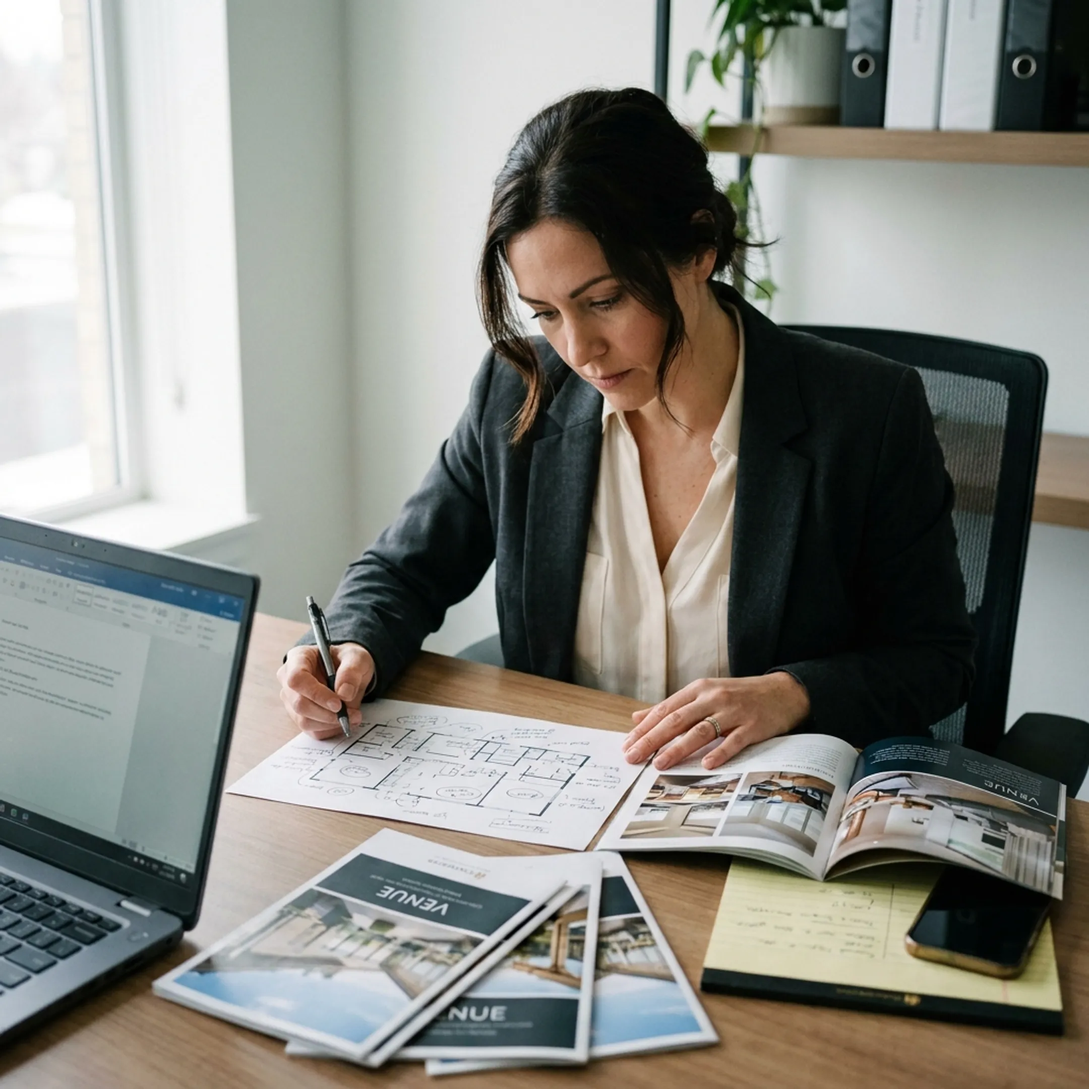 Event planner reviewing hotel meeting venue proposals