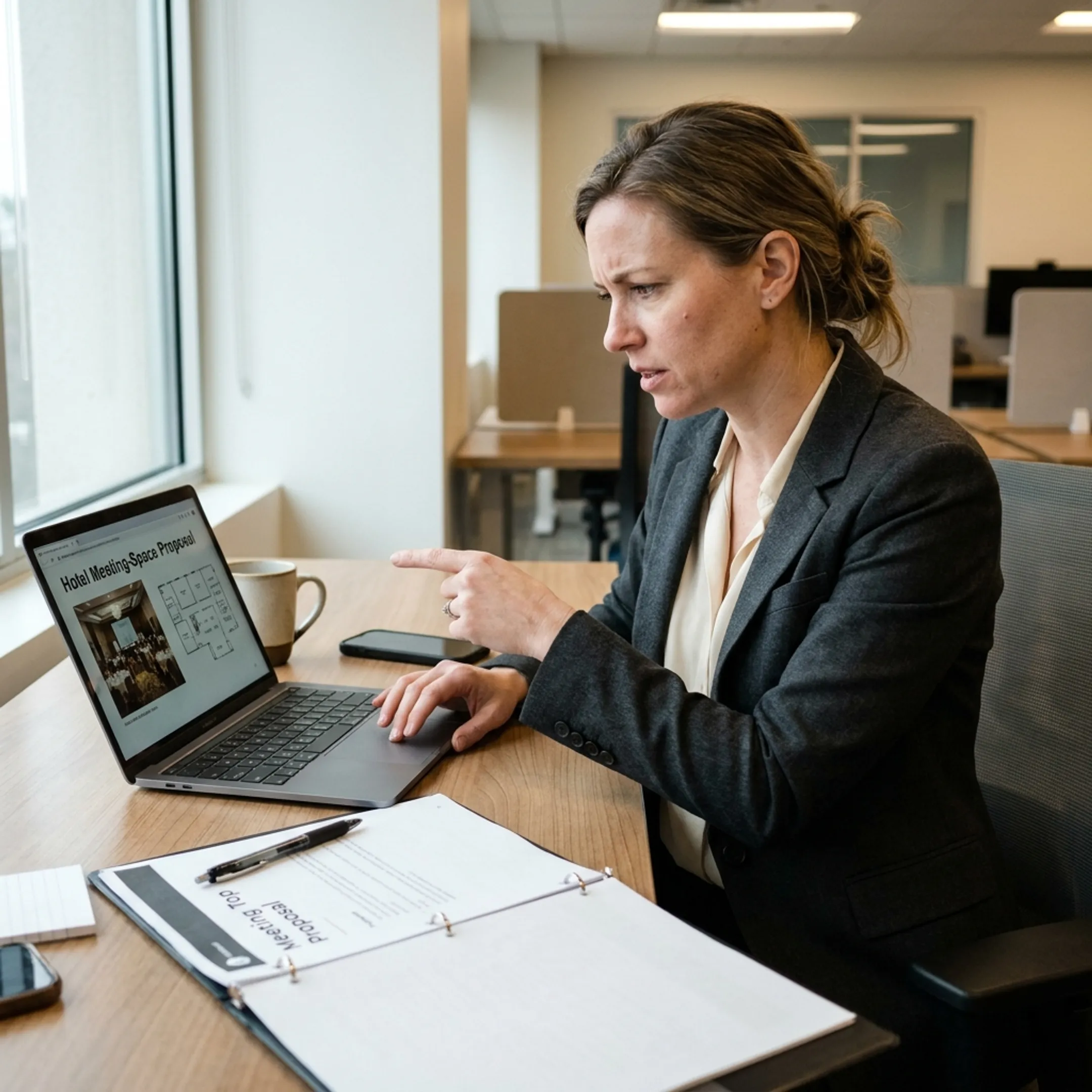 Planner reviewing Atlanta conference venue proposals at a desk