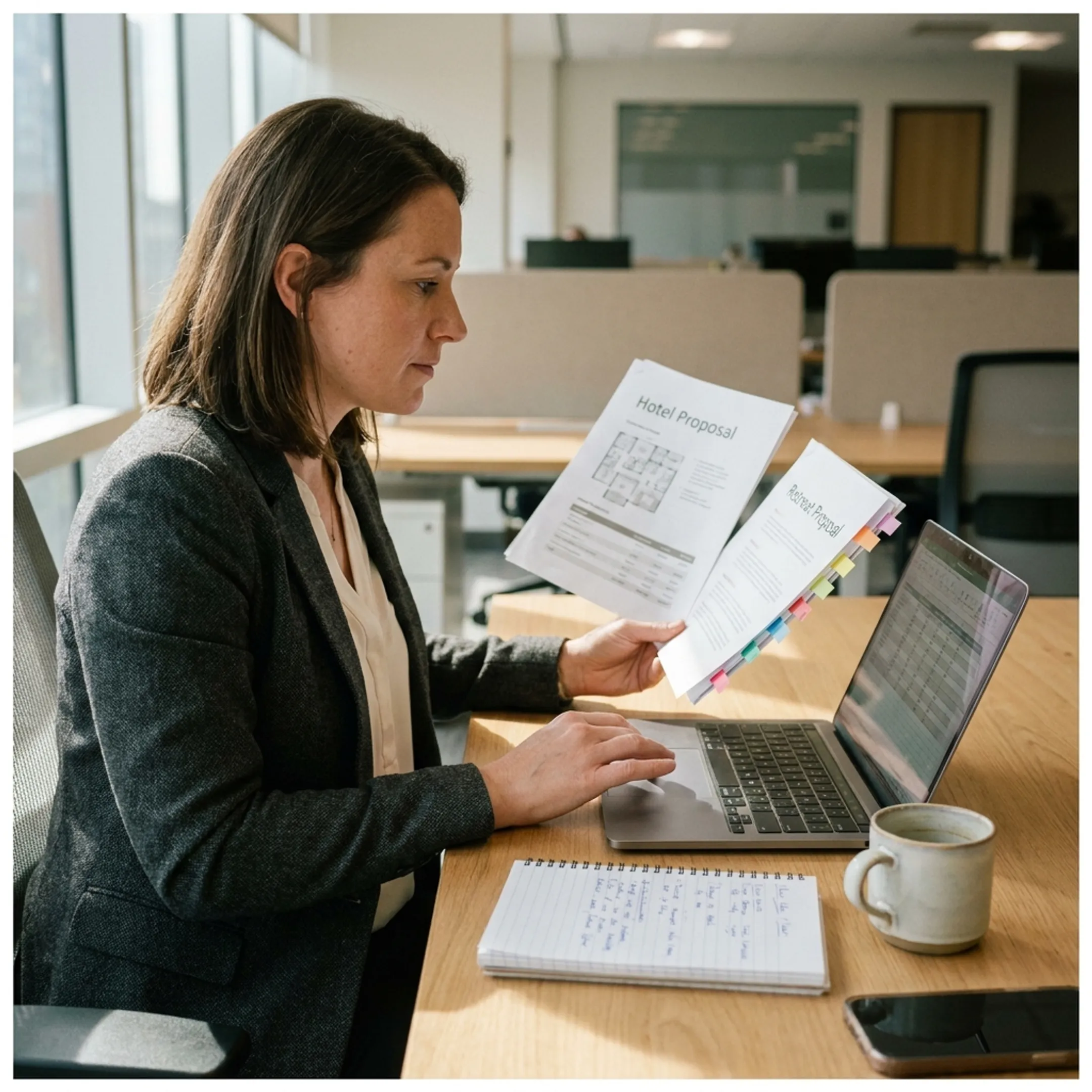 Planner comparing corporate event venue proposals
