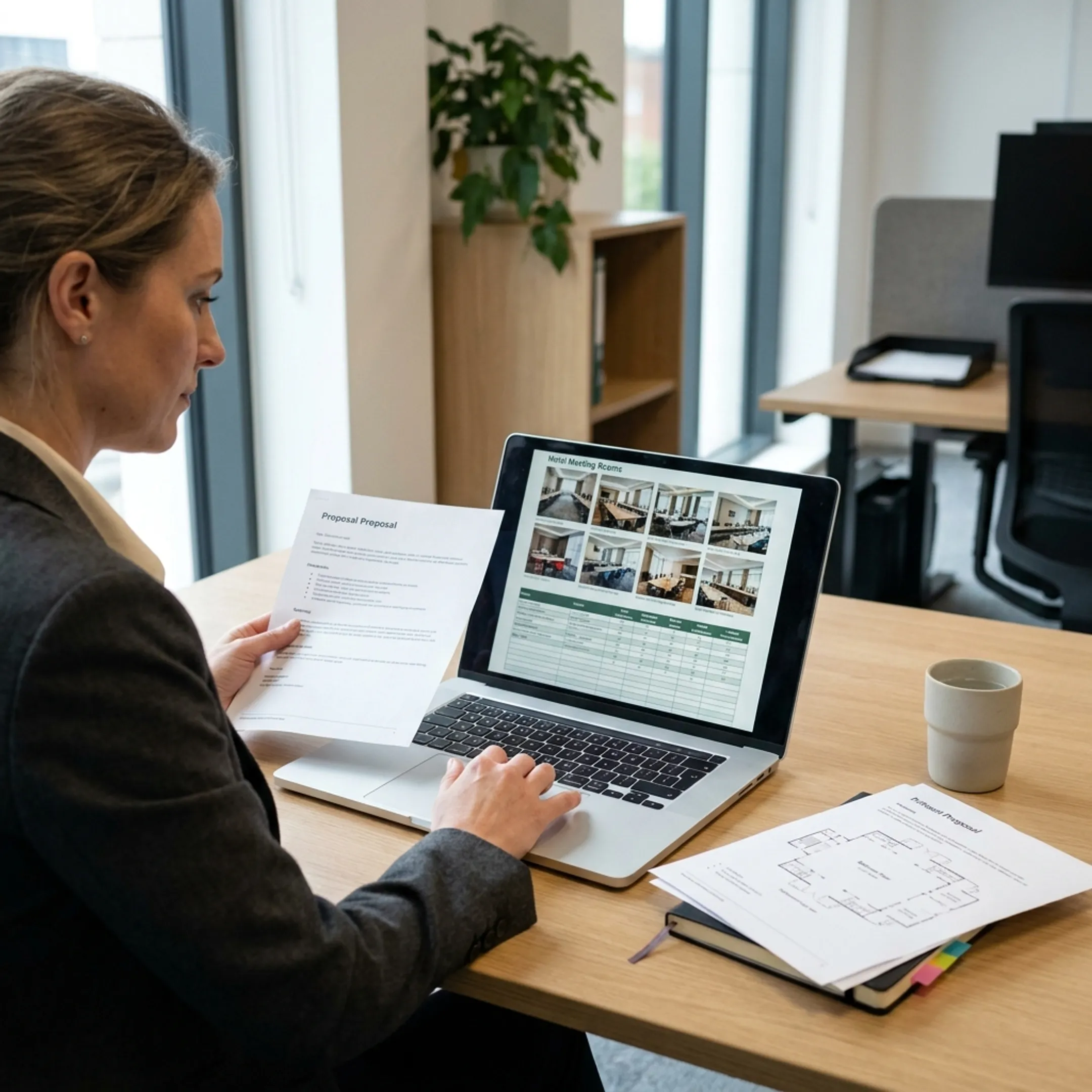 Corporate event planner comparing venue options and meeting room layouts