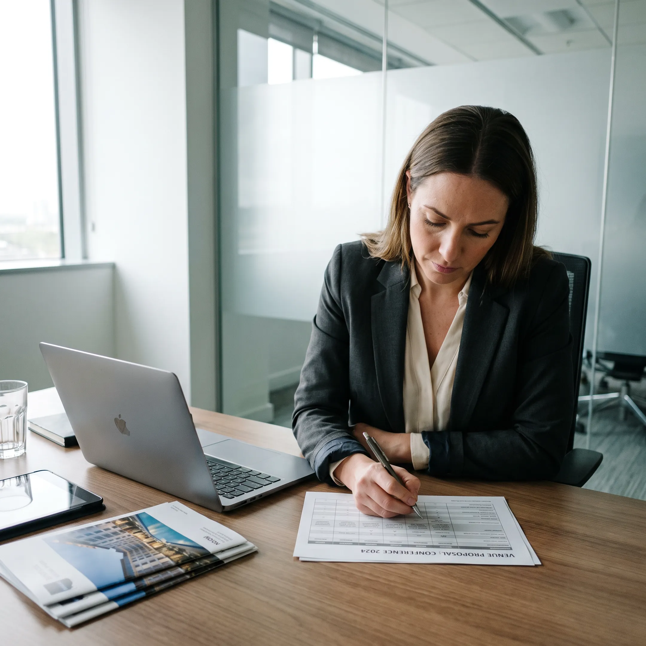 Planner reviewing corporate conference venue proposals
